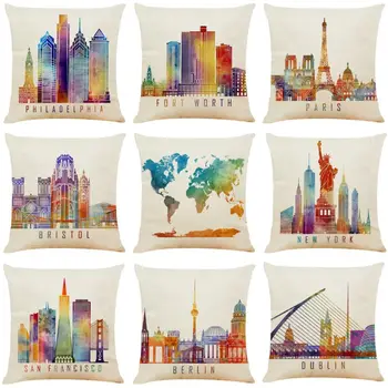 

Home Decor Cushion Cover 45x45cm Pillow Cases Living Room Cushion Covers Colorful City Linen Pillow Case