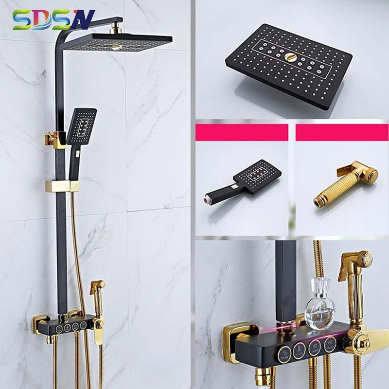 

Thermostatic Shower Set SDSN Black Gold Bathroom Shower Faucet Copper Brass Bathtub Faucet 12 Inch Shower Head Gold Shower Set