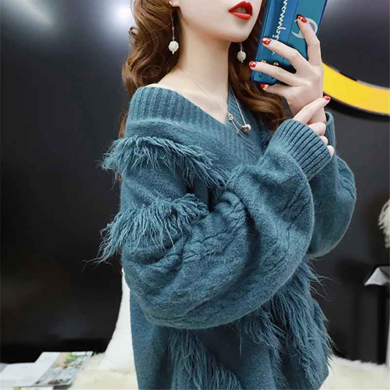 

Lazy Wind Blue Knit Sweater Women 2019 Autumn New Loose Long Sleeve V-neck Korean Clothes Net Red Wild Fashion Tassel Pullover