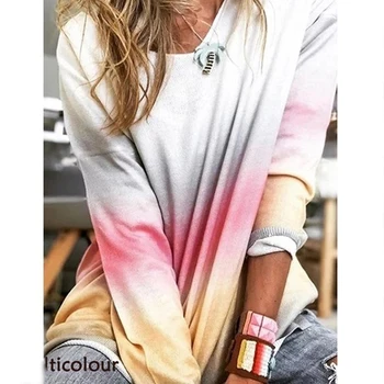 

2020 Autumn New Arrival Woman Shirt O-Neck Gradient Colour Print Color Shirt Loose Casual Woman Shirt Tops Plus Size S-2XL
