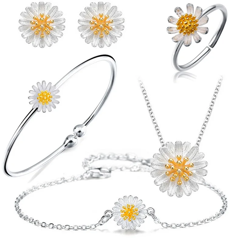 

S925 Fine Silver Chrysanthemum Necklace Women's Literature And Art Fresh Simple Small Wrinkle Chrysanthemum Ear Stud Bracelets B