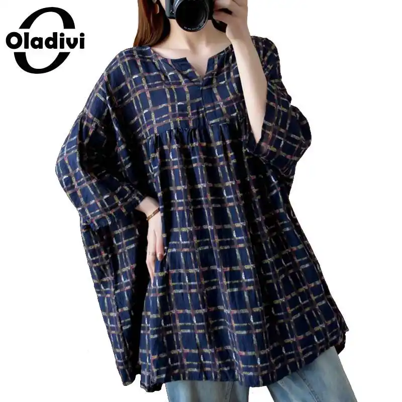 Shirt Blouse Linen Plus-Size Tunics Oversized Oladivi Women 8XL 7XL Print 6XL Cotton