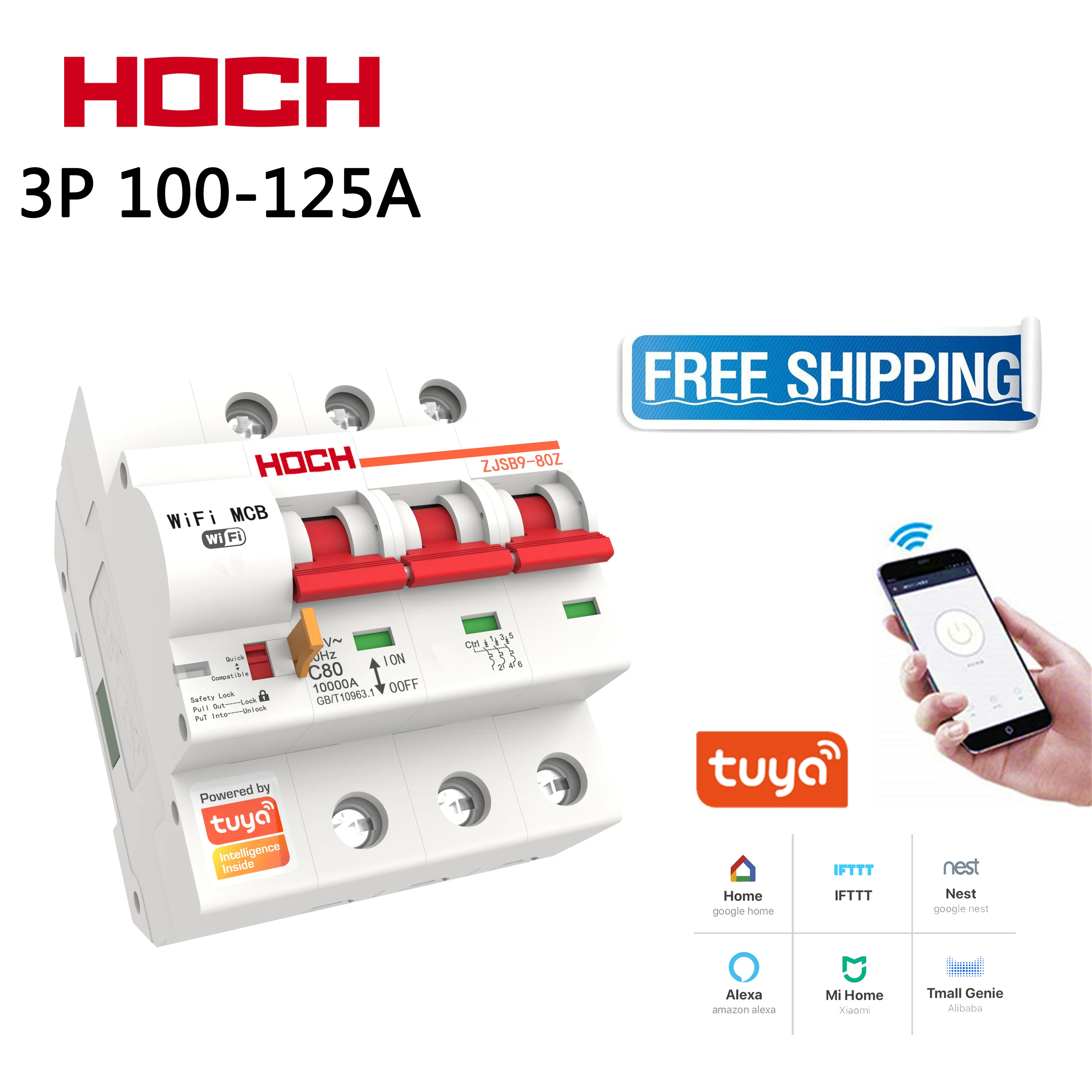 

HOCH ZJSB9-80Z Tuya WIFI Circuit Breaker FACTORY timer Remote Control 3P Automatic smart home intelligent Switch free shipping