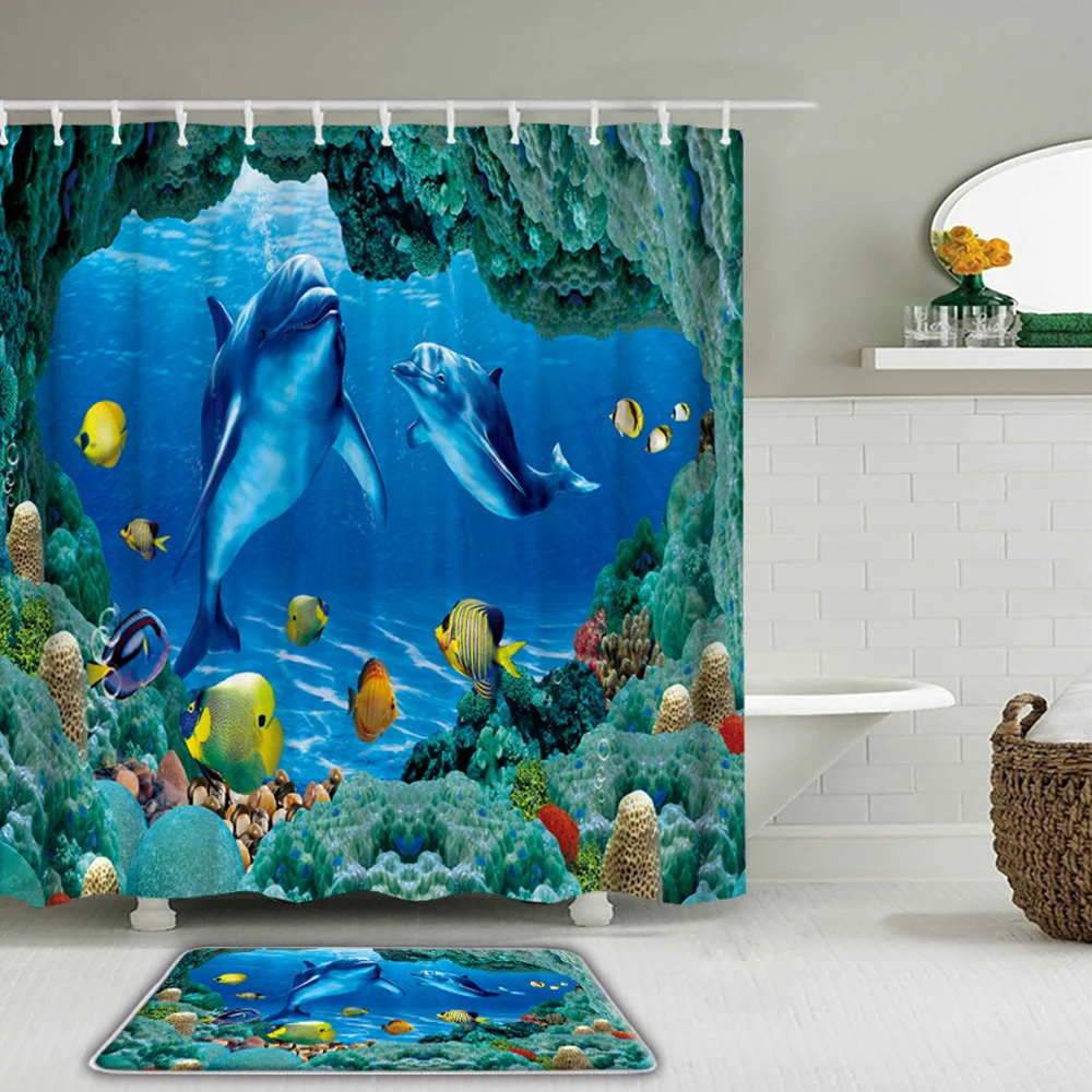 

Ocean life 3D HD Printed Fabric Shower Curtains Waterproof Bathroom Curtain Set Dolphin Fish With Non-Slip Rug Toilet Bath Mat