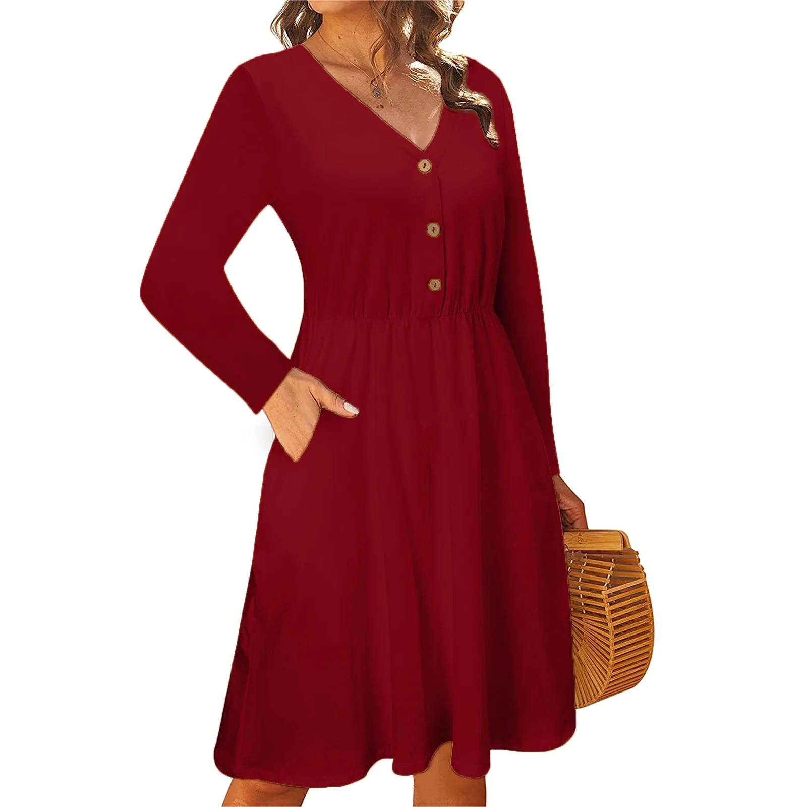 Autumn Dress new Fashionable Women's  V-neck Temperament Solid Color Long-sleeved Casual Dress Button with Pocket Vestido femme 1