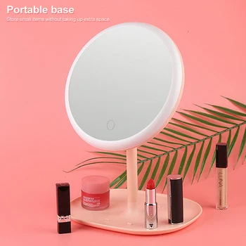 

LED Mirror Makeup Mirror with Three-tone light 360 Degree Angle USB Charging Cable HD Mirror Multifunctional Storage for Desktop