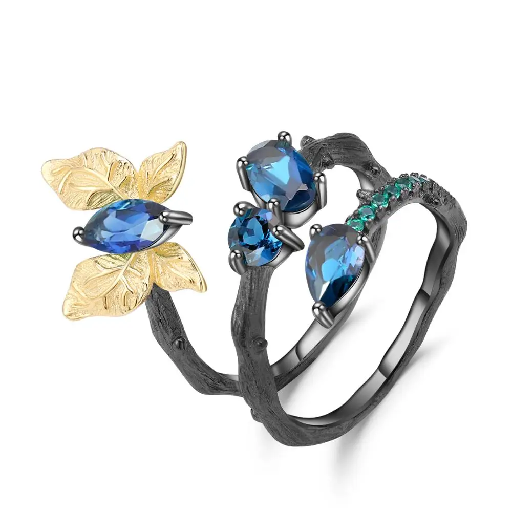

GEM'S BALLET 1.87Ct Natural London Blue Topaz Ring 925 Sterling Silver Handmade Butterfly Winding Branch Rings for Women Bijoux