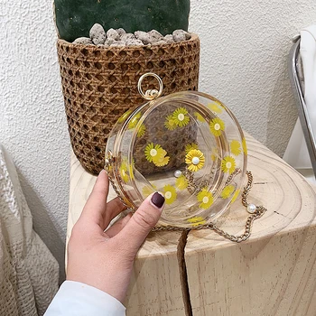 

2020 Fashion Daisy Clear Women Shoulder Bags Designer Flower Round Crossbody Bag Luxury Transparent Chains Evening Clucth Purses