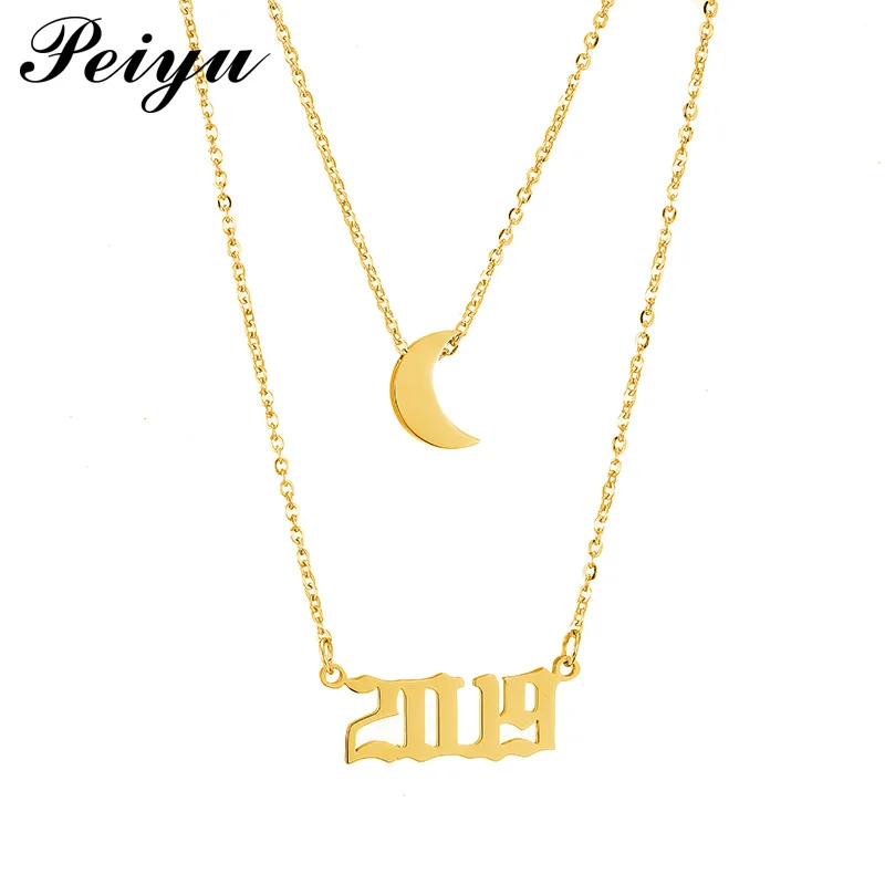 Moon Pendant Necklace with Year Number Half Moon Necklaces for Women Gold Color Layered Chain Necklace Stainless Steel Jewelry