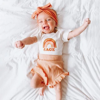 

New Infant Rompers Newborn Baby Girl Clothes Rainbow Printed Romper Jumpsuit+Lace Solid Color Shorts+Headband Child Clothing Set