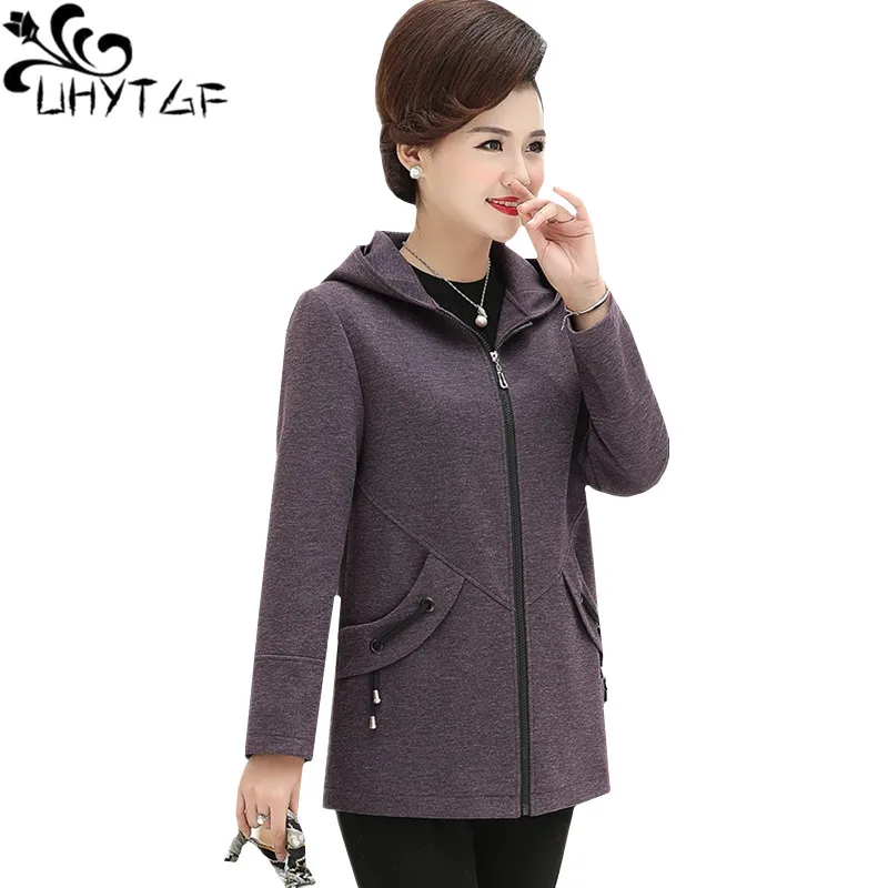 

UHYTGF Hooded Spring Autumn Woolen Coats Fashion Mom Big Size Jacket Pure Color Wild Elegant Female Wool Coat Abrigos Mujer 284