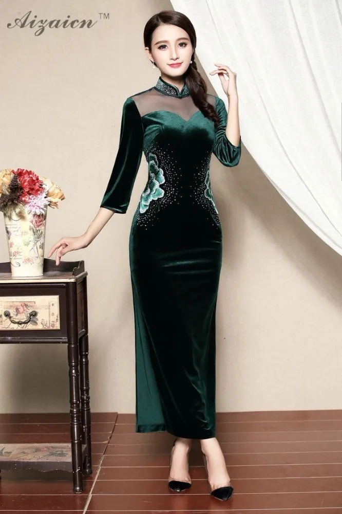 Длинные кружево бархат Cheongsam Свадебные платья традиционный китайский стиль вечернее китайское платье-ципао современный китайские