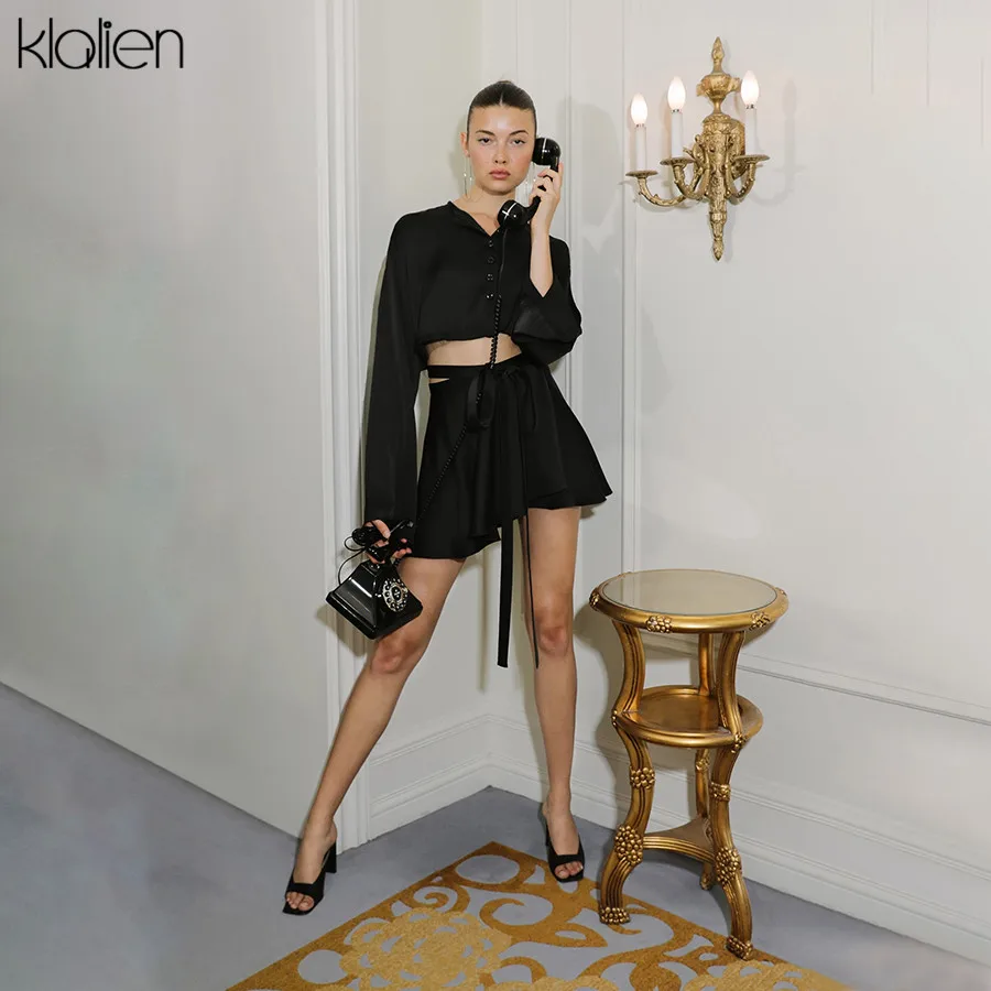 

KLALIEN Long Flare Sleeve Single Breasted Blouse + Bandage lace-up Pleated Skirt Ladies 2020 spring fashion women 2 pieces sets