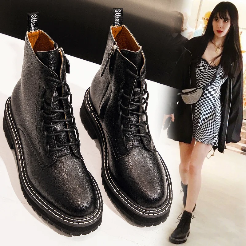 

Martin Boots Women's 2019 Autumn & Winter New Products Zipper Lace-up Combination Shoes British Style Leather Short Boots Women'