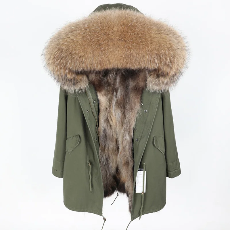 MAOMAOKONG, зимняя женская кожаная куртка большого размера, пальто из натурального меха енота, съемная меховая подкладка, длинная куртка