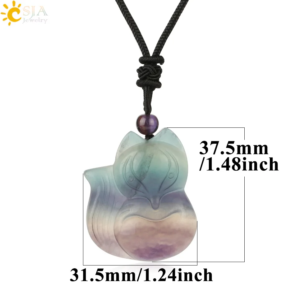 CSJA Natural Stone Fluorite Pendants& Necklaces Engraved Nine-tailed Fox Rose Flower Carved Reiki Lucky Pendant Women Men G286 - Окраска металла: Fox-A