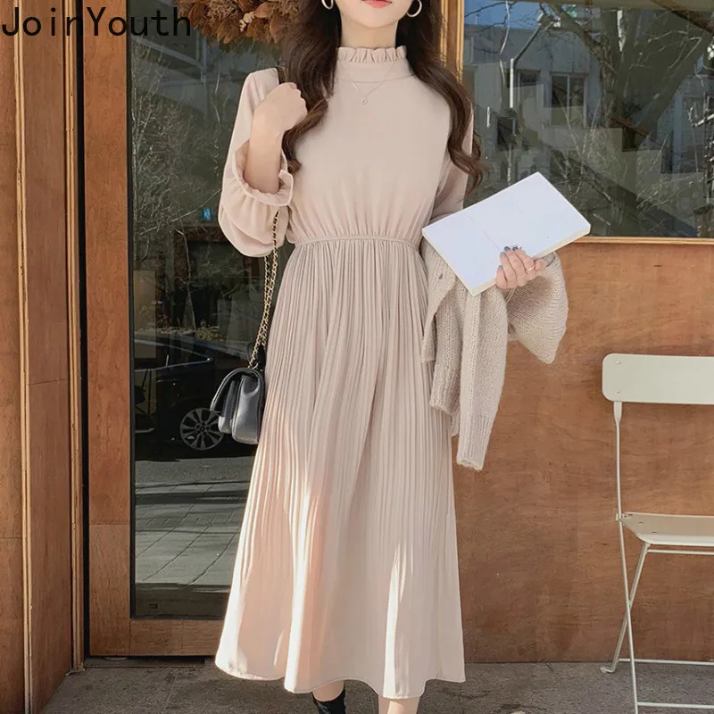 

Joinyouth Women Pleated Long Dress Long Sleeve Ruffled Collar 2020 Spring Elegant Vestido Korean Slim Waist A-line Dresses 57800