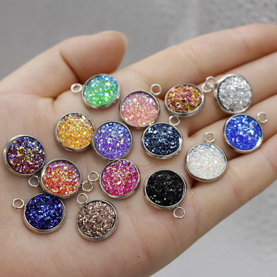 

12MM Druzy Drusy Charm Pendant Resin Cabochon Stainless Steel Button DIY Earrings Necklace Jewelry Gift