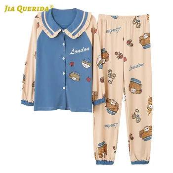 

Blue Cartoon Printing Turn Down Collar Homesuit Homeclothes Sleepwear Fashion Style Casual Style Pajamas Set Loungewear Woman