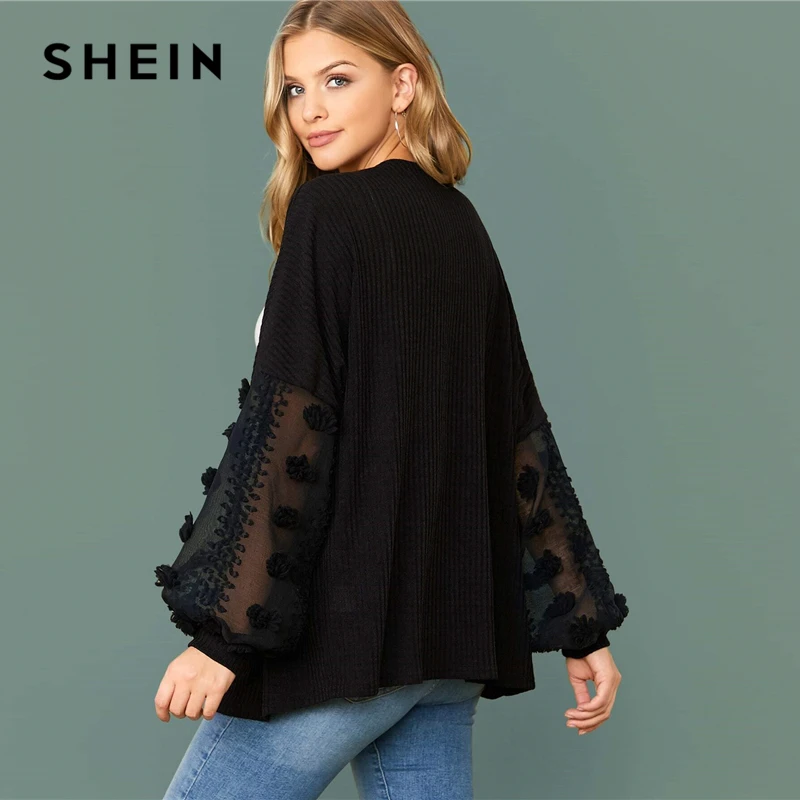 price cut  SHEIN Black Swiss Dot Mesh Lantern Sleeve Rib-knit Coat Oversized Top Women 2020 Autumn Office Lady