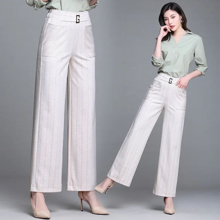 

Stripe Fashion Wide Leg Pants Female 2019 Autumn New Style Ankle-length Casual Pants WOMEN'S Pants Vertical Elastic High-waisted