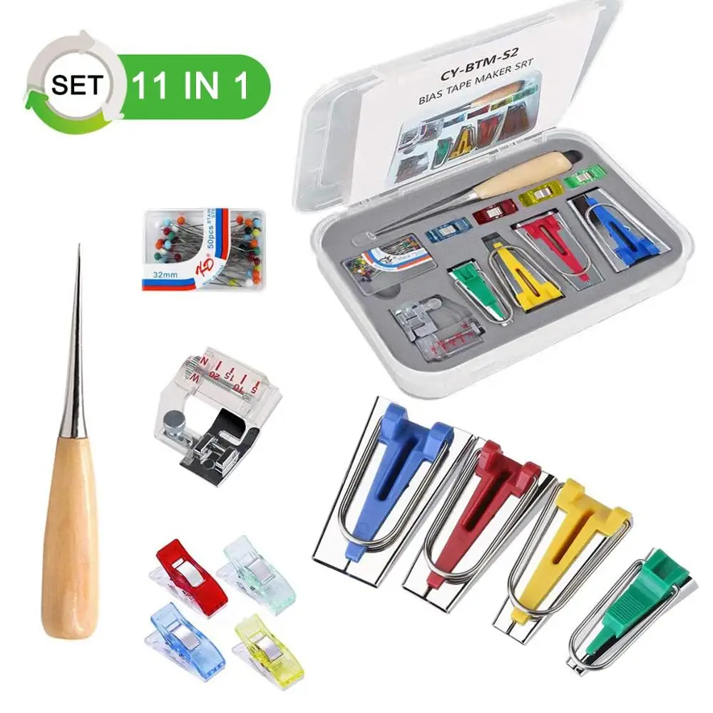 Bias Tape Maker Set Fabric Bias Tape Maker Tools 4 Sizes DIY Sewing Bias Tape Makers with Craft Clips Awl for Quilt Binding