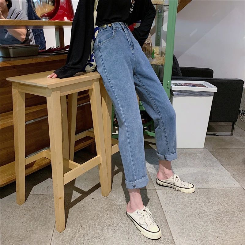 Женские джинсы, простой элегантный корейский стиль, высокая талия, Harajuku, длинные брюки, подходят ко всему, с карманами, на молнии, прямые, для женщин, s, шикарные, для студентов