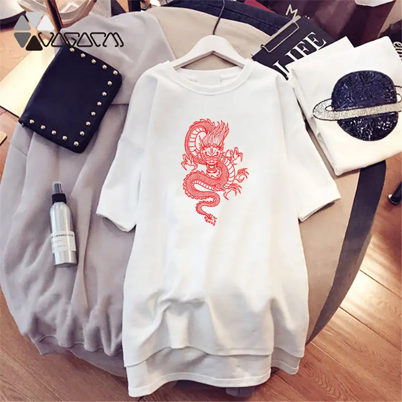 Mini Sexy Nightwear Dragon Print Casual Pyjamas Loose Short Sleeve Round Neck Summer Streetwear Female Nightclothes Tee Tops