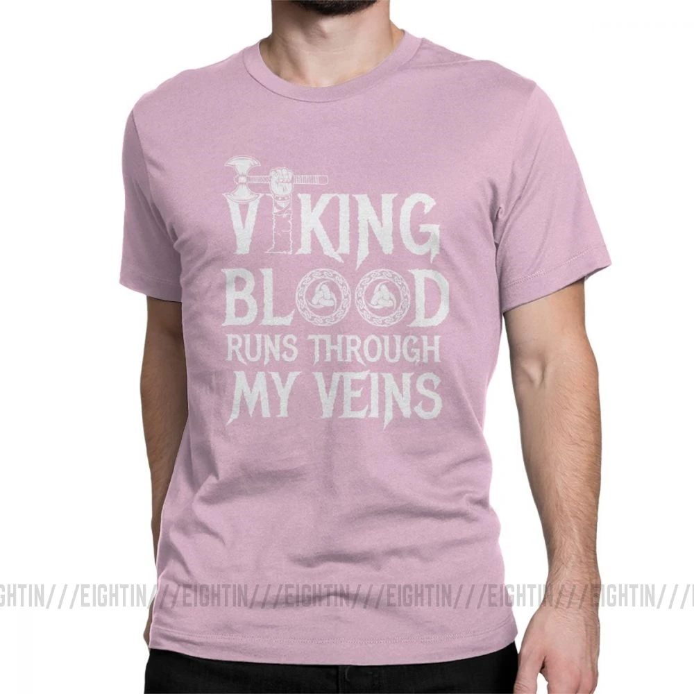 Футболка с викингом Blood Runs In My Viens Valhalla, Мужская Дизайнерская одежда, модные футболки с круглым вырезом из хлопка - Цвет: Розовый