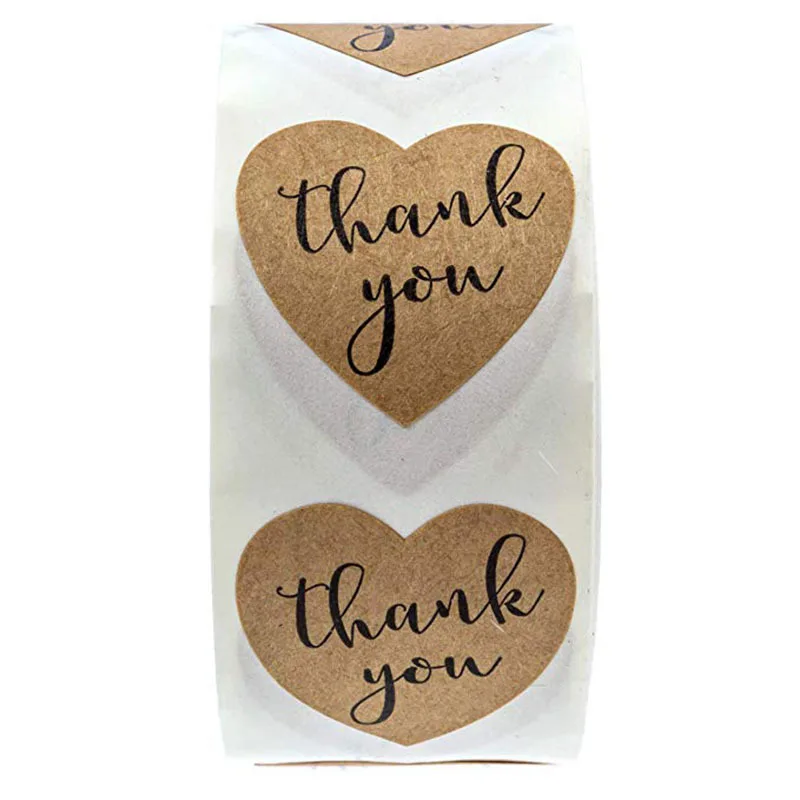1in Natural Kraft thank you Stickers Heart shape seal labels 50-500pcs stickers scrapbooking for Package stationery sticker