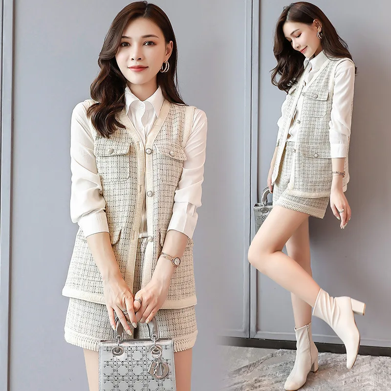 

2019 Early Autumn Graceful Tweed Set Fashion Casual Vest Cardigan Vest + Wide-Leg Shorts Two-Piece Set