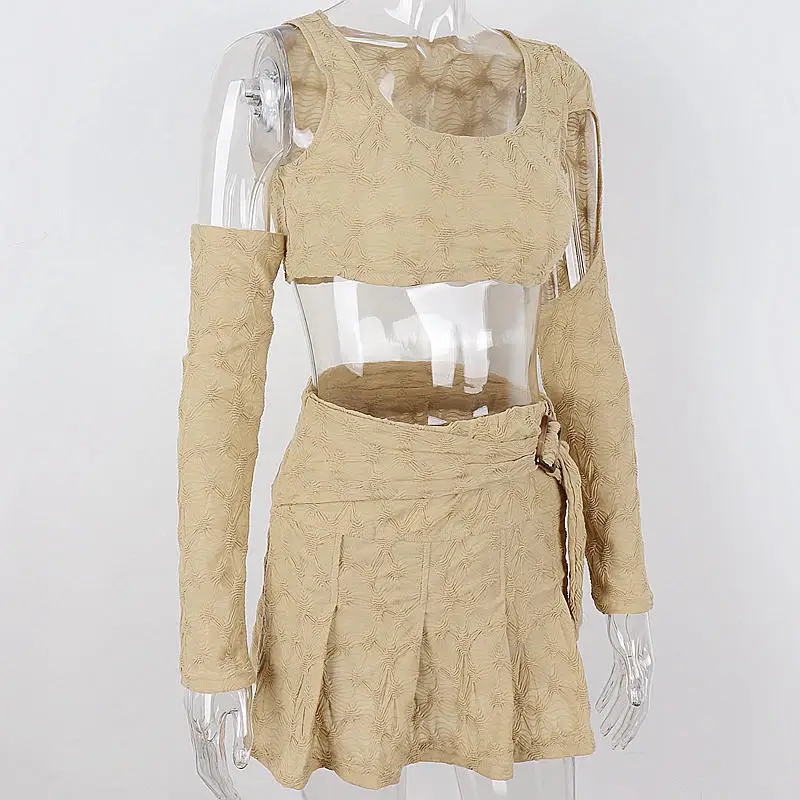 dressy pant suits ALLNeon Y2K Vintage Streetwear Hollow Out Folds Khaki Co-ord Suits Retro Cute Long Sleeve Crop Tops Pleated Skirts 2 Piece Sets short pants suit