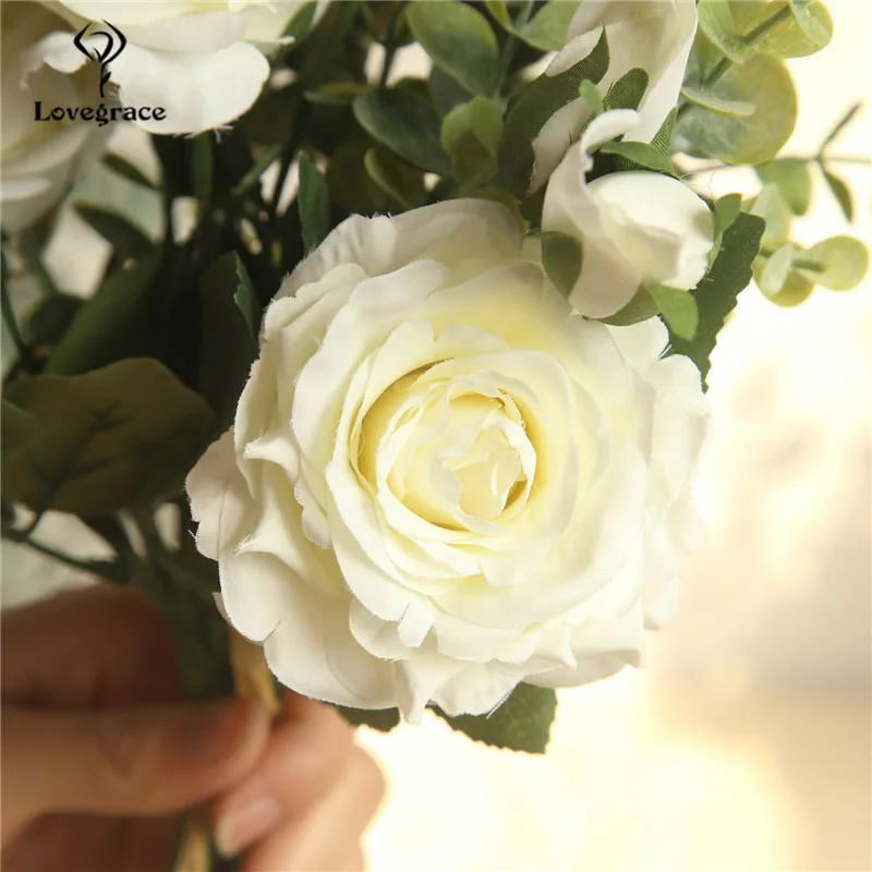 Lovegrace-Bouquet de feuilles d'eucalyptus artificielles, fleur de mariage, rose de demoiselle d'honneur, accessoires de centre de table, mariée