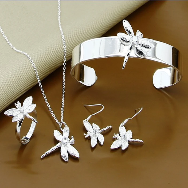 Nouveau Style 925 en argent Sterling AAA Zircon libellule collier boucles d'oreilles bague Bracelet ensemble pour femme fête de fiançailles mariage mode