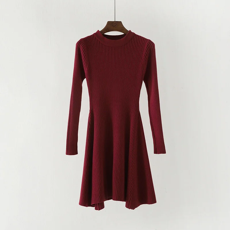 Wine Red Женский платье свитер с Круглым Вырезом Повседневный вязаное платье женское осень платье зима платья женские трикотажные платья - Цвет: Wine Red
