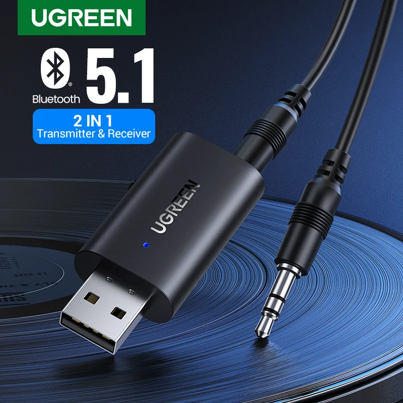  Автомобильный Bluetooth-адаптер UGREEN 2 в 1, Bluetooth 5,1, стереопередатчик, приемник, беспроводной адаптер 3,5 мм с разъемом Aux, автомобильный компле…