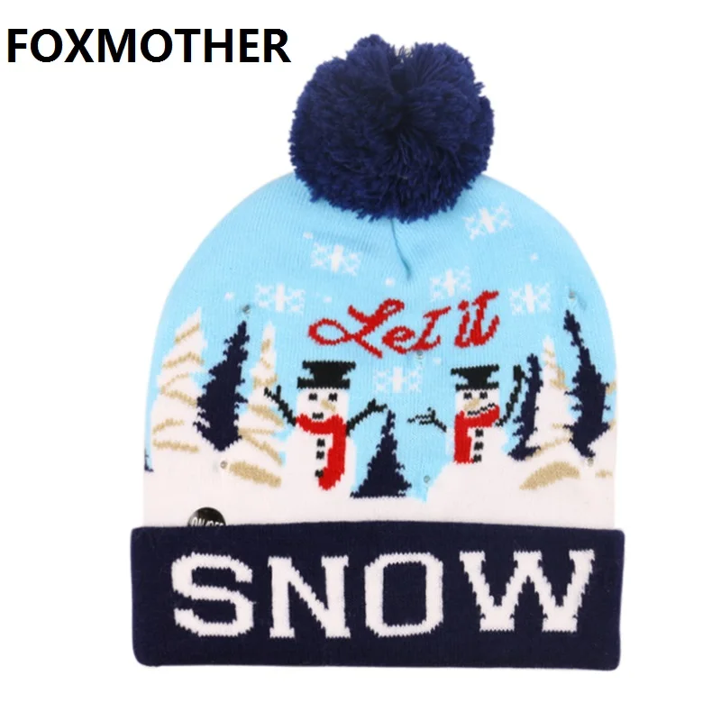 

FOXMOTHER 2019 New Fashion Letter Snow Print Women Men Warm Knit LED Hat Christmas Gift Outdoor Hat with Pom Pom Winter Knit Hat