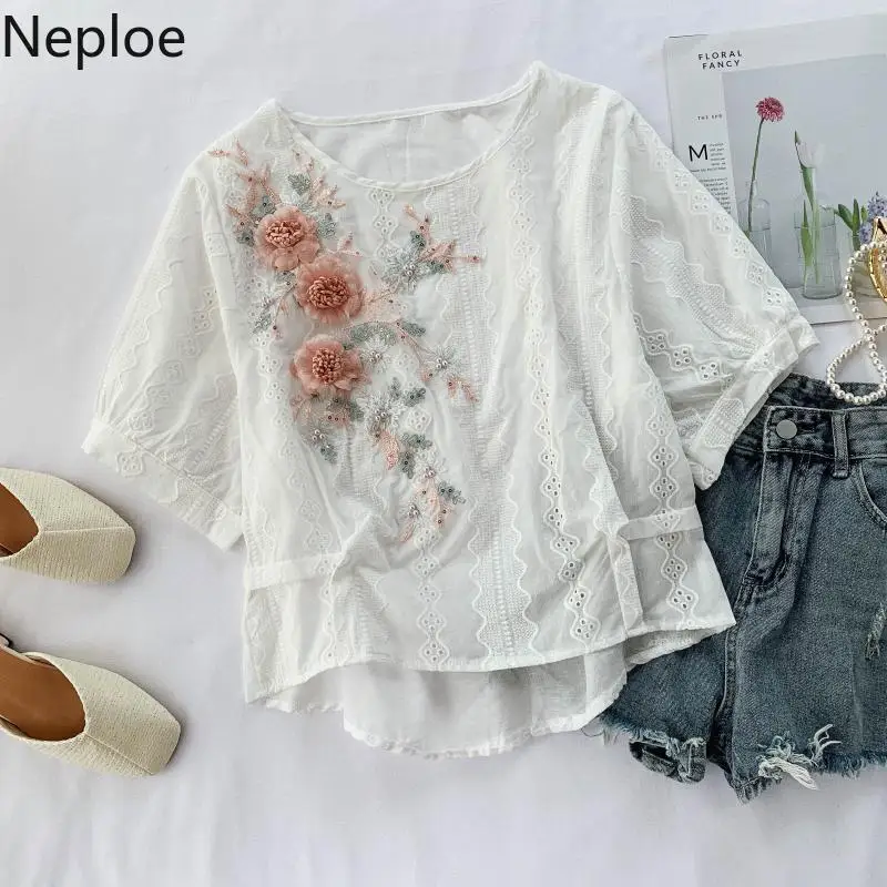 Neploe Embroidery 3d Flower Blouse 