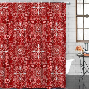 

Retro Abstract Plant Pattern Red Shower Curtain Waterproof Polyester With 12 Hooks