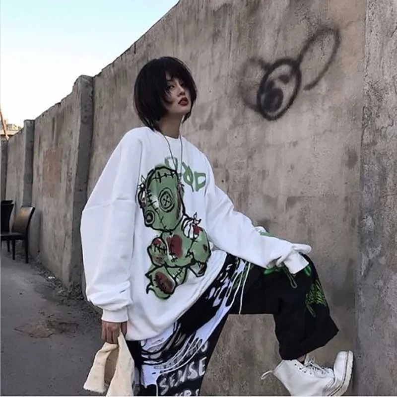 NiceMix Autumn Punk Hoodies Women Cool Print Sweatshirt Korean Harajuku Sweatshirt Black Winter Japan Doodling Hoodie Streetwear