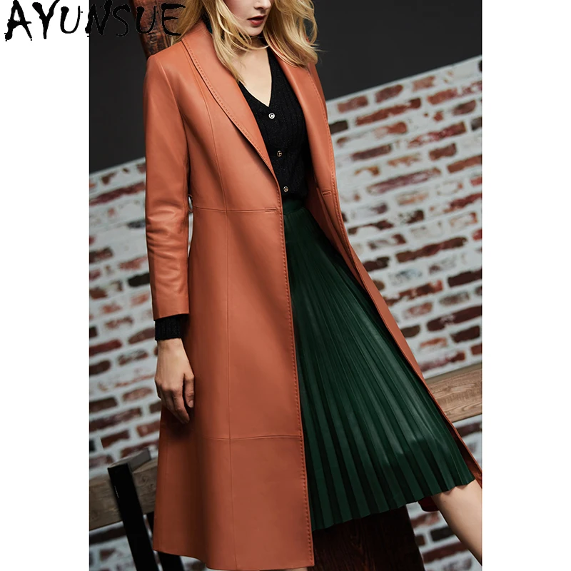 AYUNSUE Genuine Leather Jacket Women Long