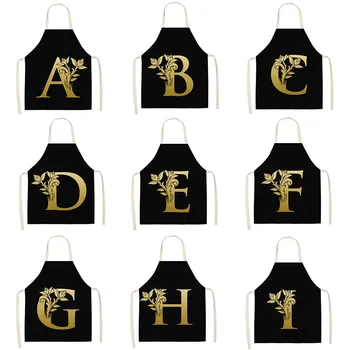 

Gold Letter Alphabet Pattern Kitchen Apron For Woman Sleeveless Cotton Linen Aprons Cooking Home Cleaning Tools 53*65cm WQ0051