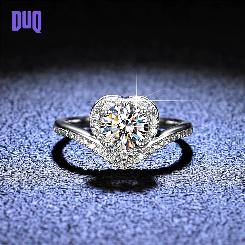 DUQ Silver Rings For Women S925 Heart Moissanite Ring Elegant Wedding