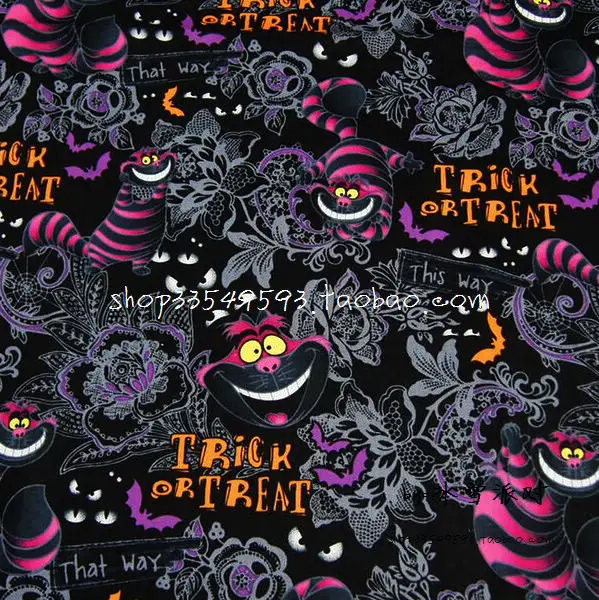 140cm Width Alice in Wonderland Cheshire Cat Trick or Treat Cotton Fabric for Baby Clothes Bags Halloween Decoration DIY-BK666 - Цвет: (1)