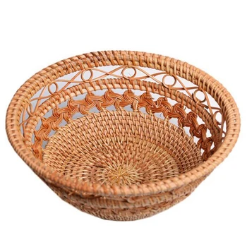 

Round Wicker Storage Basket Fruit Dish Rattan for Weaving Handmade for Kitchen Food Picnic Bread Sundries Decor Container Organi