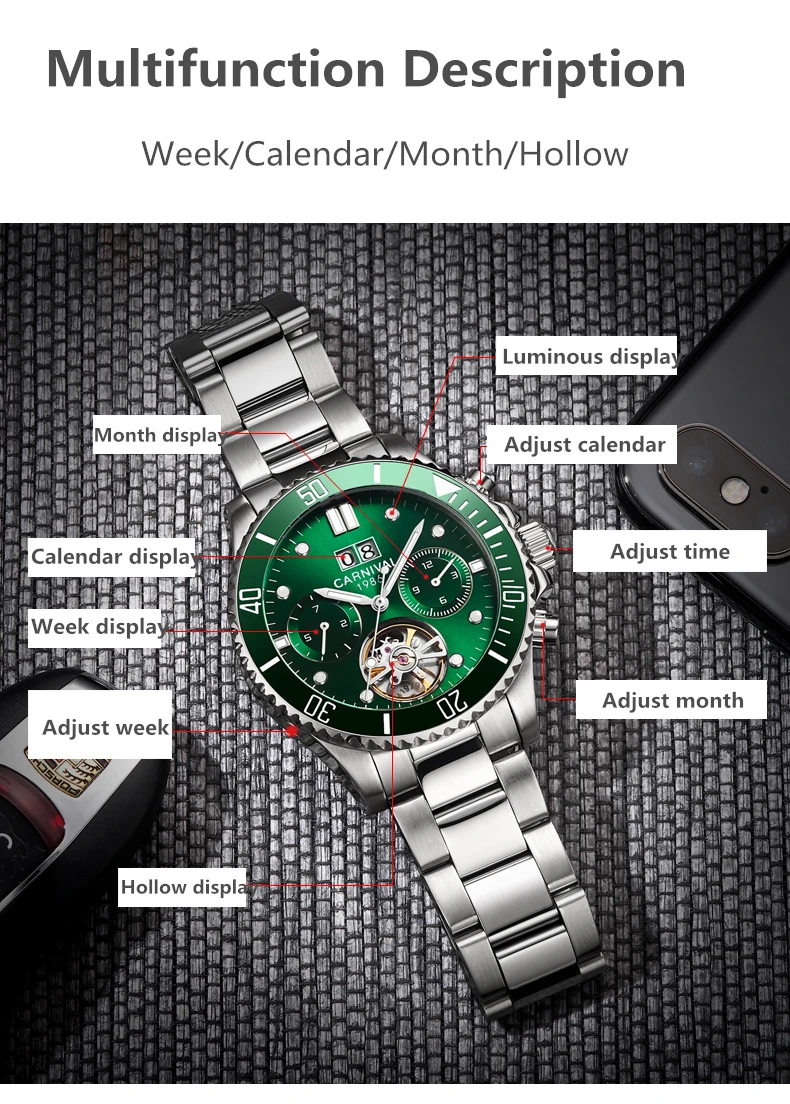 2019Carnival Tourbillon автоматические механические часы мужские часы лучший бренд класса люкс водонепроницаемые светящиеся зеленые спортивные часы relogio