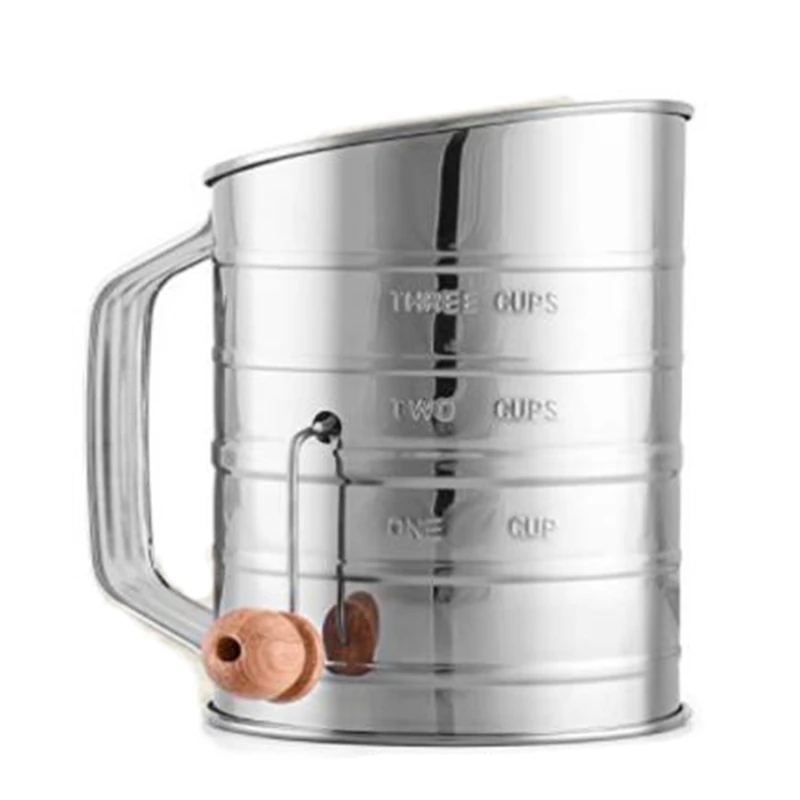 3 Cup Stainless Steel Flour Sifter - Fine Mesh Rotary Hand Crank With Agitator Wire Loop For Baking Cakes |