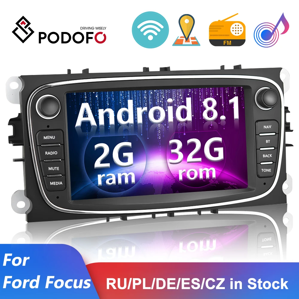 Автомагнитола Podofo 2 Din Android 8 1 7 дюймов GPS для Ford/Focus EXI MT 3 Mk2/Mk3/S Max/Mondeo 9/Galaxy C Max|Мультимедиаплеер авто| |