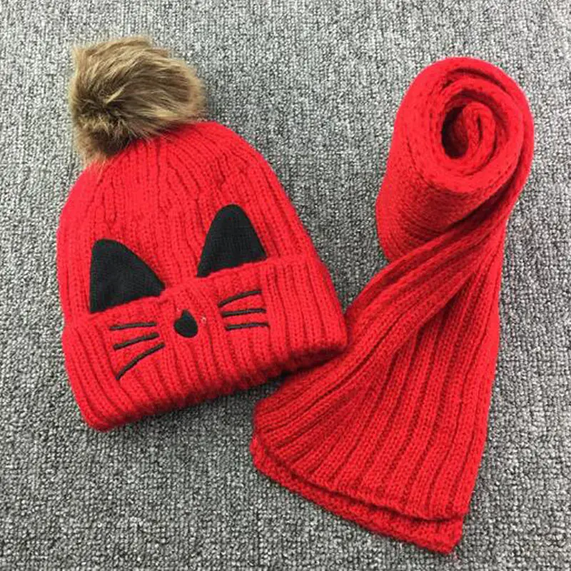 Cute Cat Ear Beanie Scarf Set for Kids Girls Winter Pom Pom Hat and Scarf 2 Pieces Knitted Beany and Scarf Set