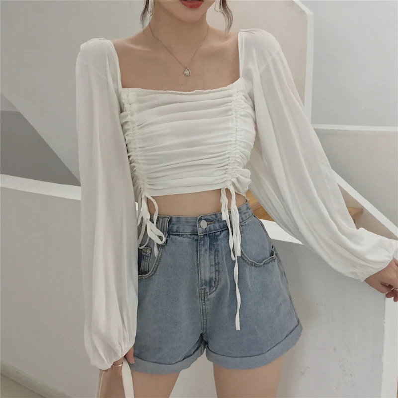 

square collar sweet full puff sleeve white Spring and autumn fashion Korean style ladies tops temperament Women's Clothing new